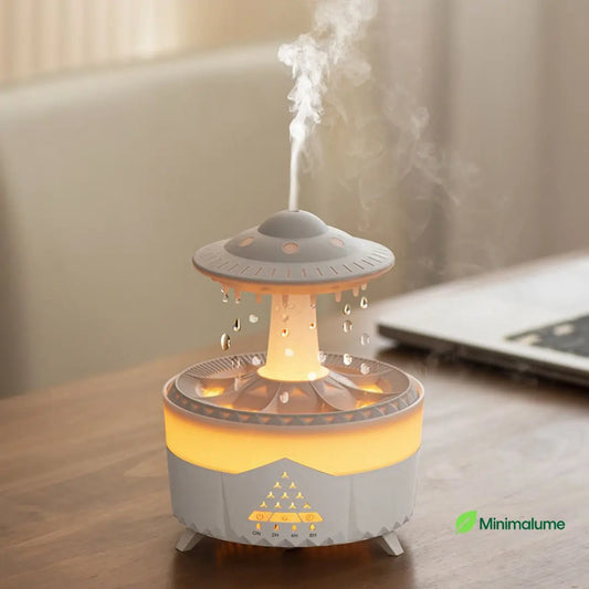 Umidificador Nave Espacial com Gotas de Chuva – LED 7 Cores, Aromaterapia e Som Relaxante