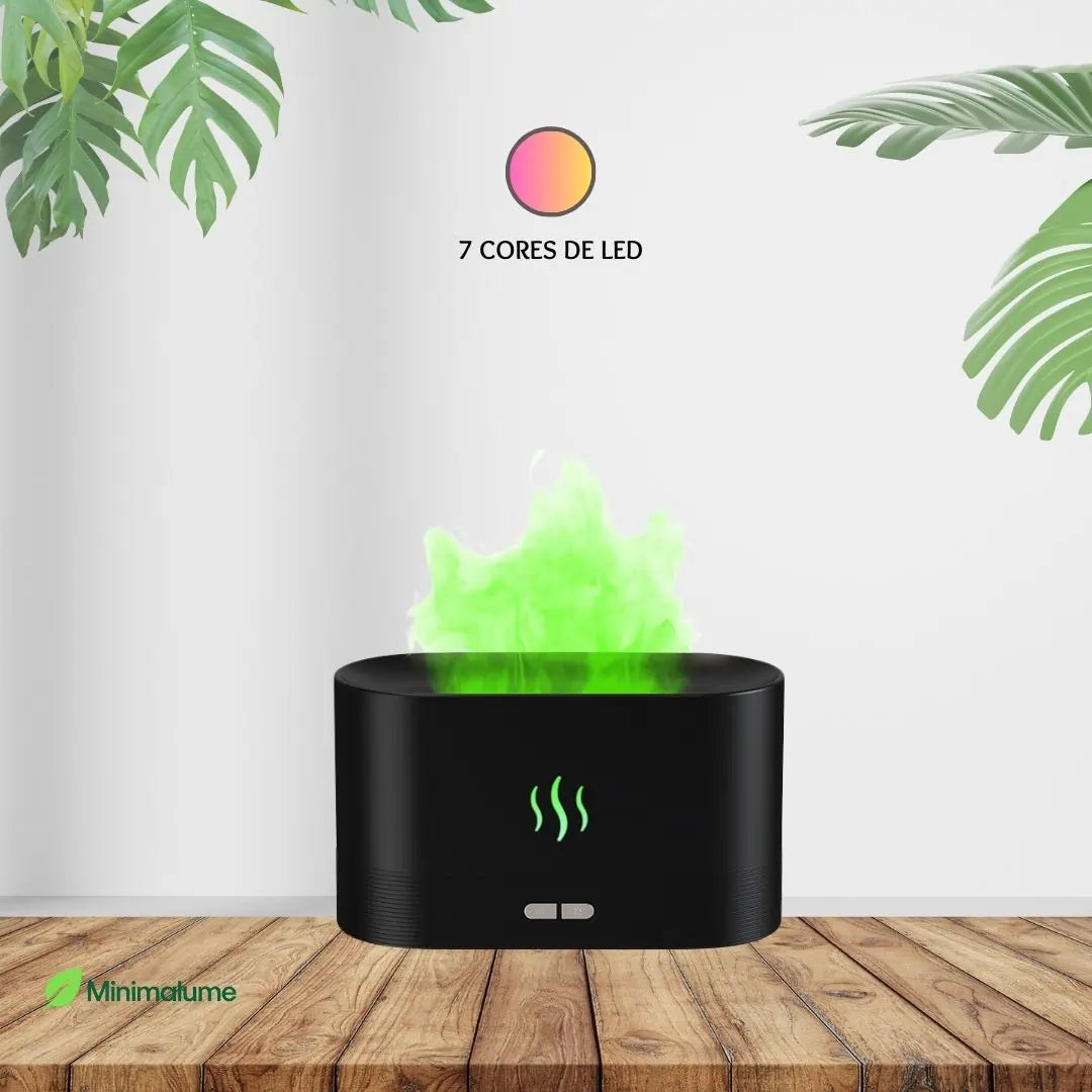 Umidificador de Chama – Aromaterapia, LED 7 Cores e Efeito de Fogo para um Ambiente Aconchegante