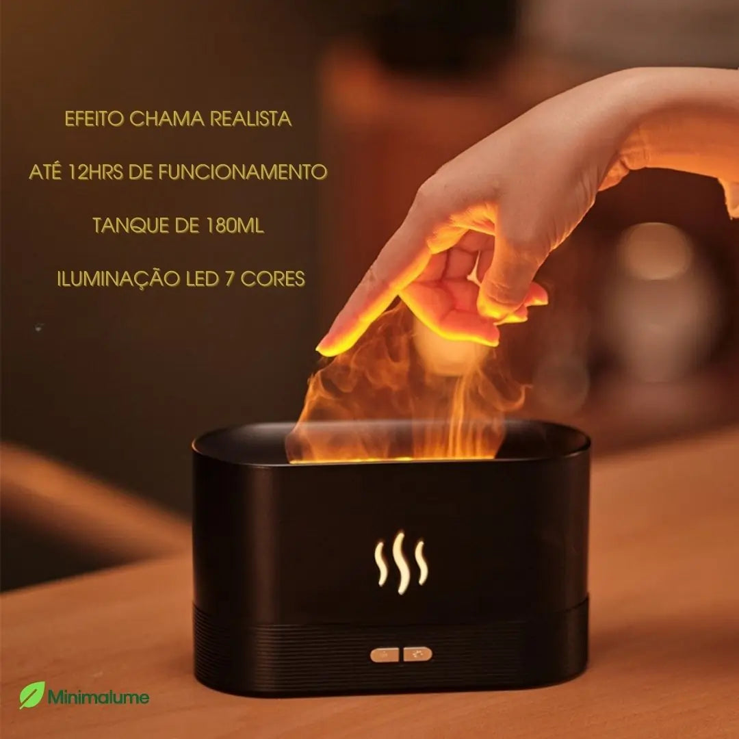 Umidificador de Chama – Aromaterapia, LED 7 Cores e Efeito de Fogo para um Ambiente Aconchegante