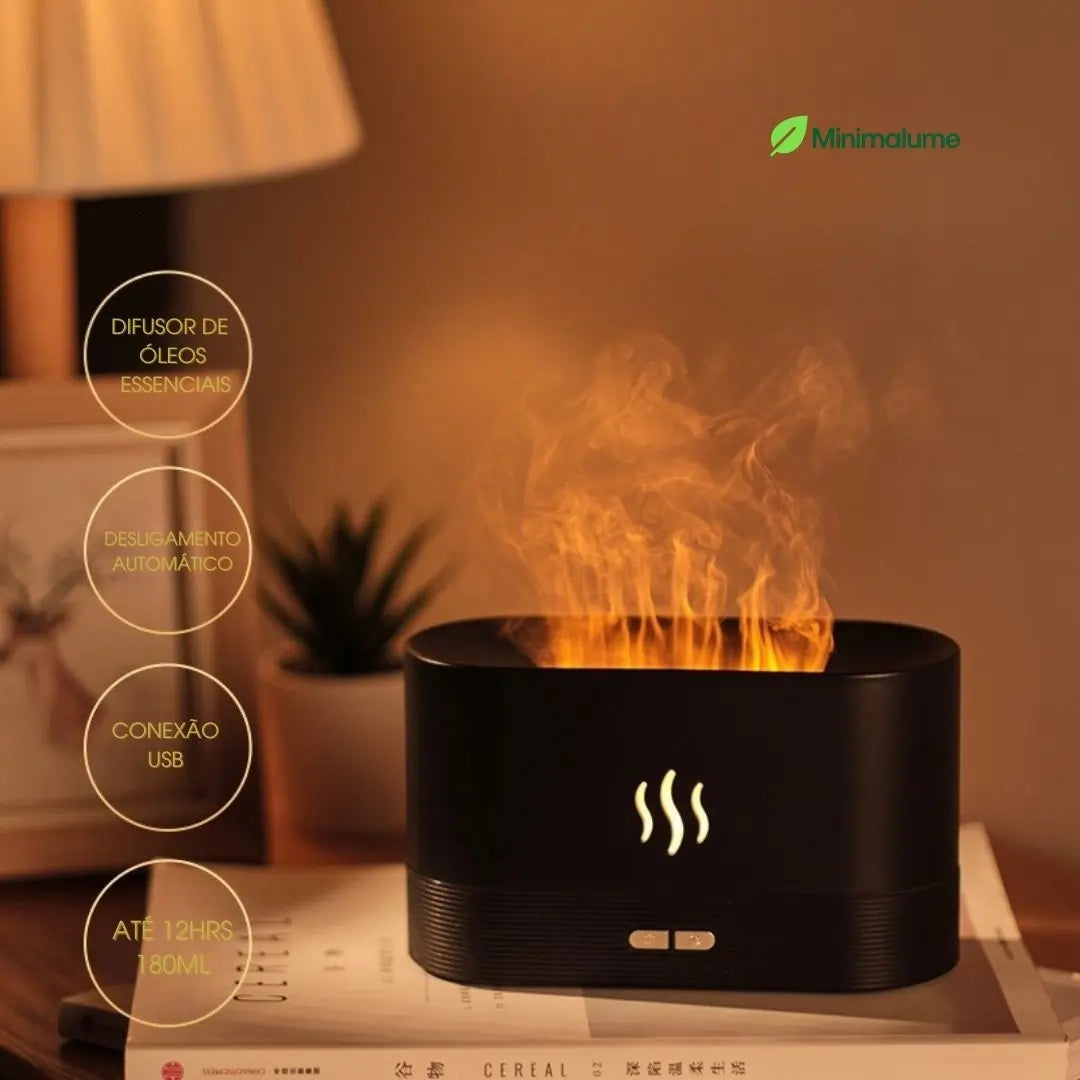 Umidificador de Chama – Aromaterapia, LED 7 Cores e Efeito de Fogo para um Ambiente Aconchegante
