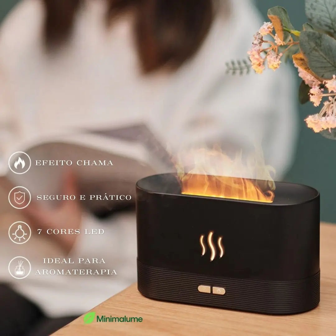Umidificador de Chama – Aromaterapia, LED 7 Cores e Efeito de Fogo para um Ambiente Aconchegante