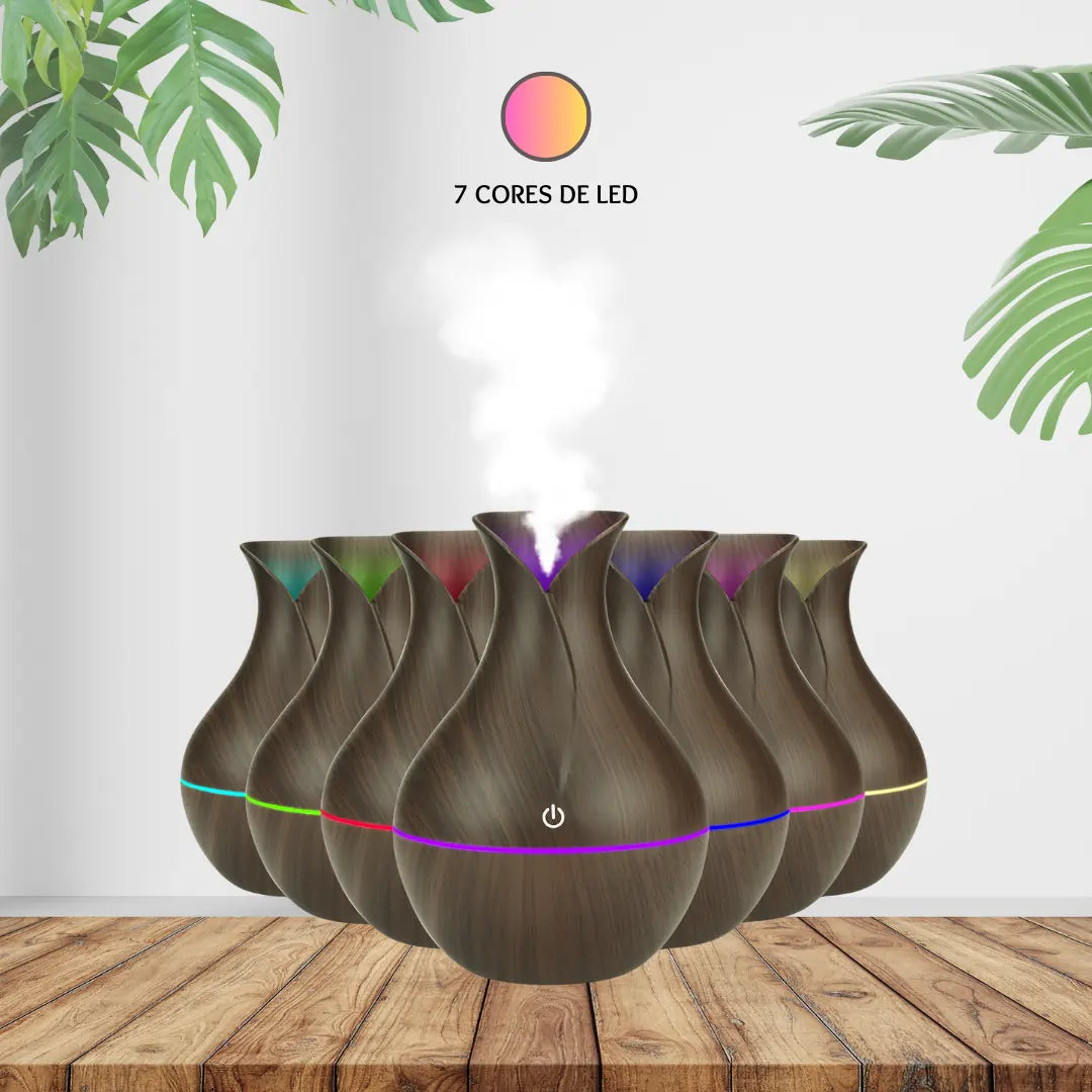 UMIDIFICADOR Difusor Vaso Madeira Escura 7 leds