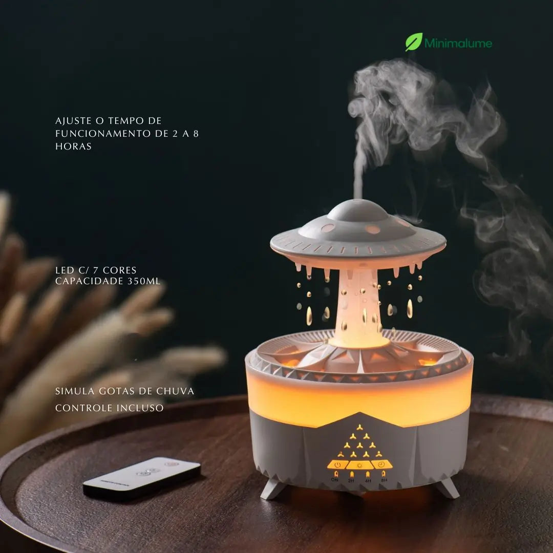 Umidificador Nave Espacial com Gotas de Chuva – LED 7 Cores, Aromaterapia e Som Relaxante