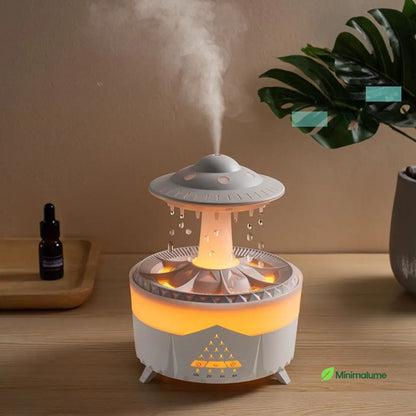 Umidificador Nave Espacial com Gotas de Chuva – LED 7 Cores, Aromaterapia e Som Relaxante