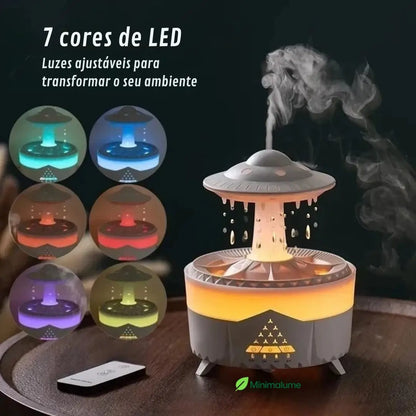 Umidificador Nave Espacial com Gotas de Chuva – LED 7 Cores, Aromaterapia e Som Relaxante